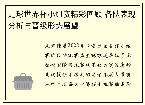 足球世界杯小组赛精彩回顾 各队表现分析与晋级形势展望